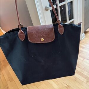 Longchamp Black and Brown Tote with Leather Accents